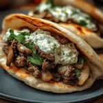 Cheesy Beef and Mushroom Pita Pockets with Tzatziki Sauce