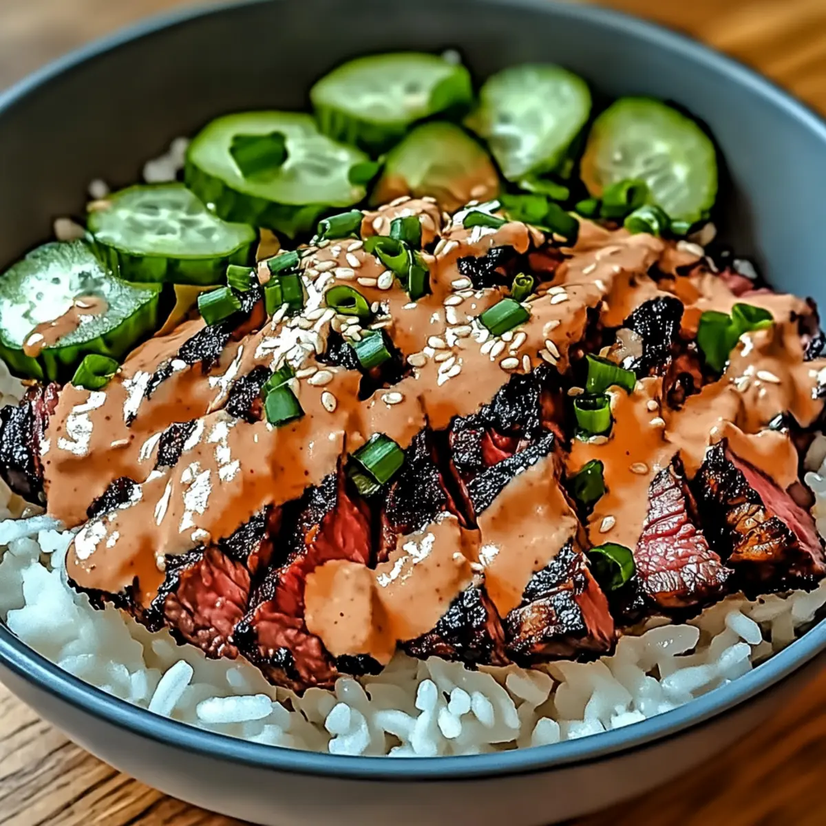 Korean BBQ Steak Rice Bowls with Spicy Cream Sauce