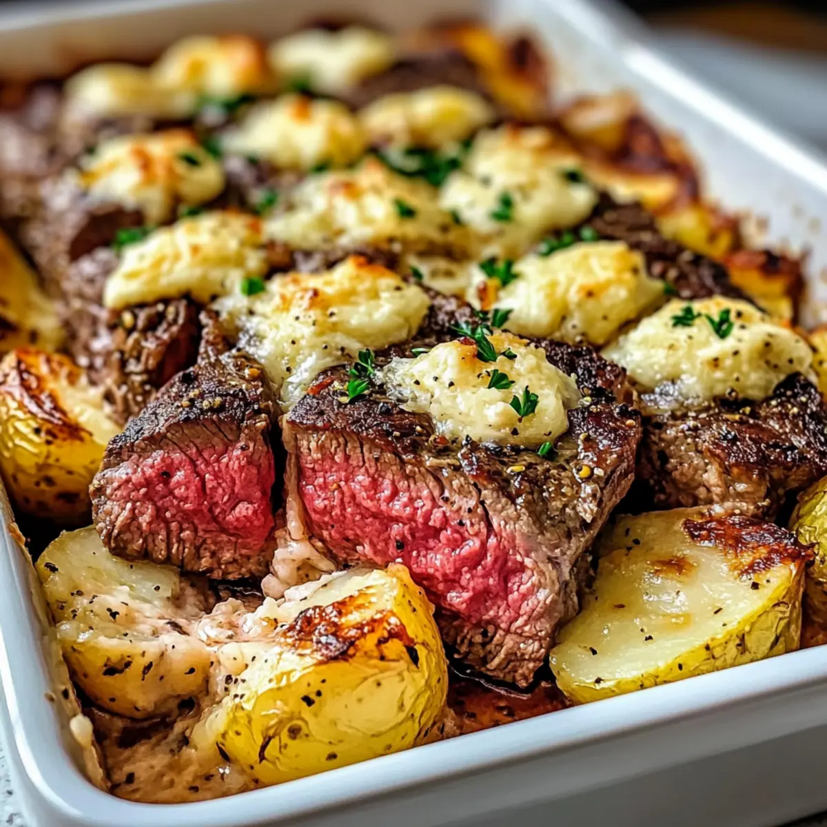 Garlic Butter Steak & Cheddar Potato Bake