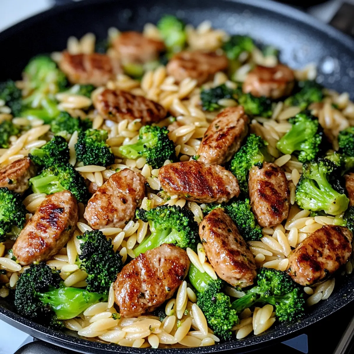 Easy Chicken Sausage, Broccoli & Orzo Skillet