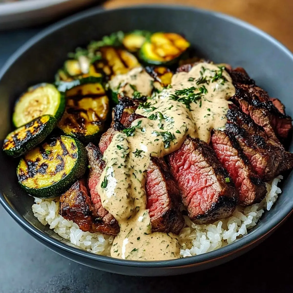 Grilled Steak Bowl with Sauce & Grilled Zucchini
