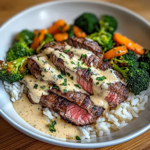 Steak Rice Bowl with Garlic Cream Sauce