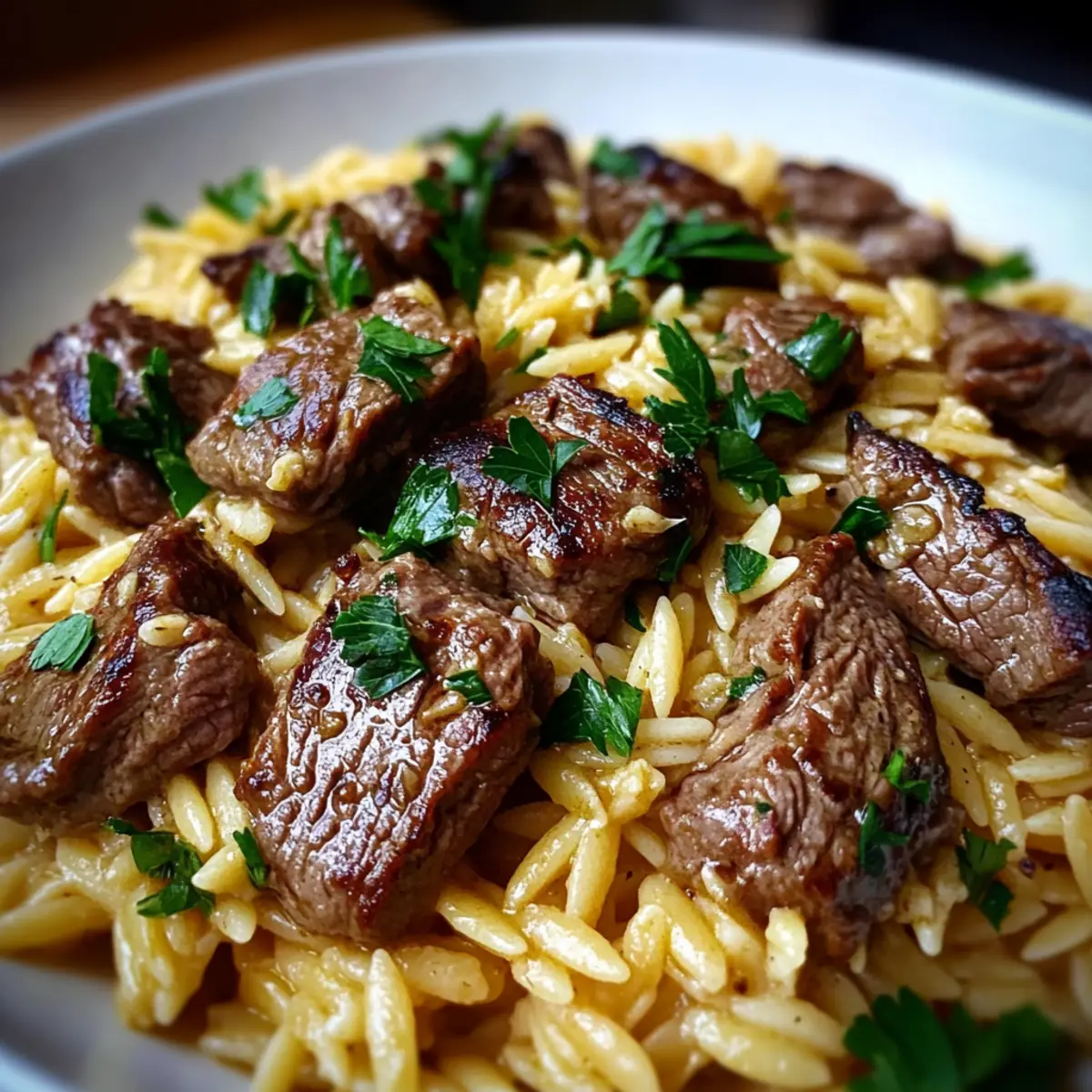 One Pot Creamy Garlic Butter Steak Orzo