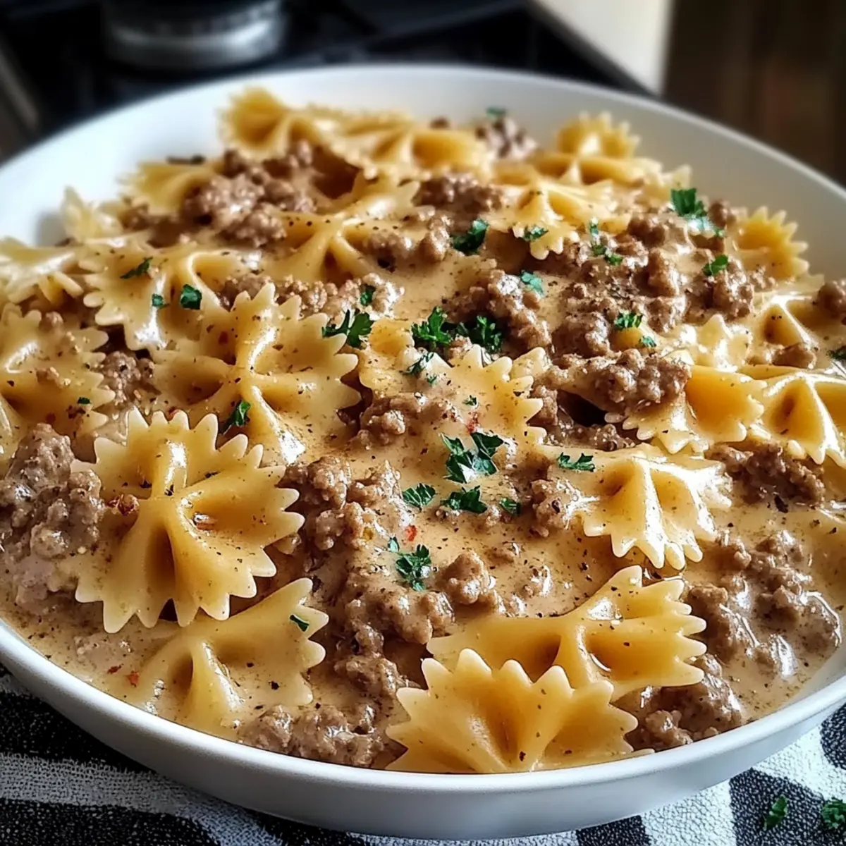 Creamy Parmesan Garlic Beef Bowtie Pasta