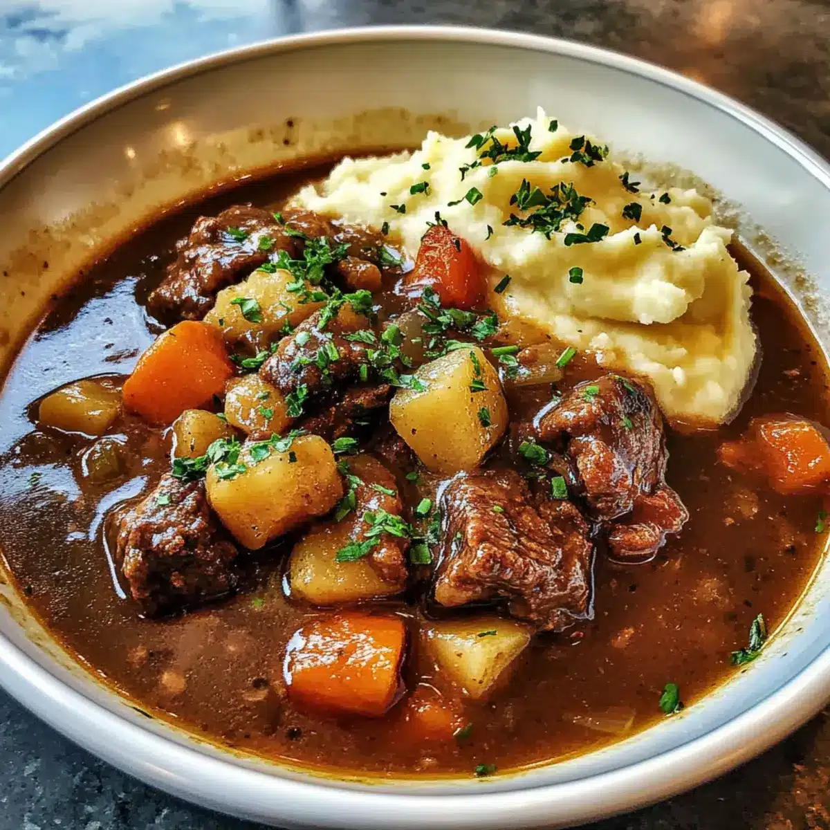 Irish Ale Beef Stew with Garlic Mashed Potatoes
